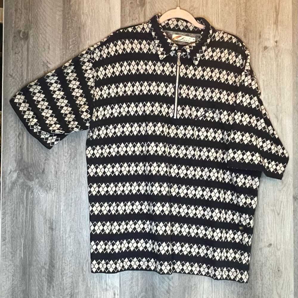 Vintage JNCO USA Knit Polo Shirt Argyle Zip Short Sleeve Grunge Skater 90s